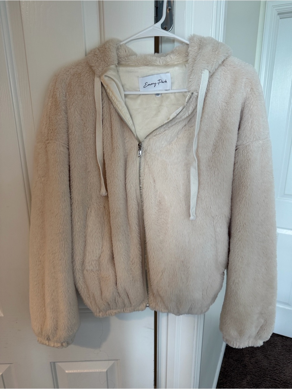 emory park Cream Faux-Fur Teddy Jacket with Hood